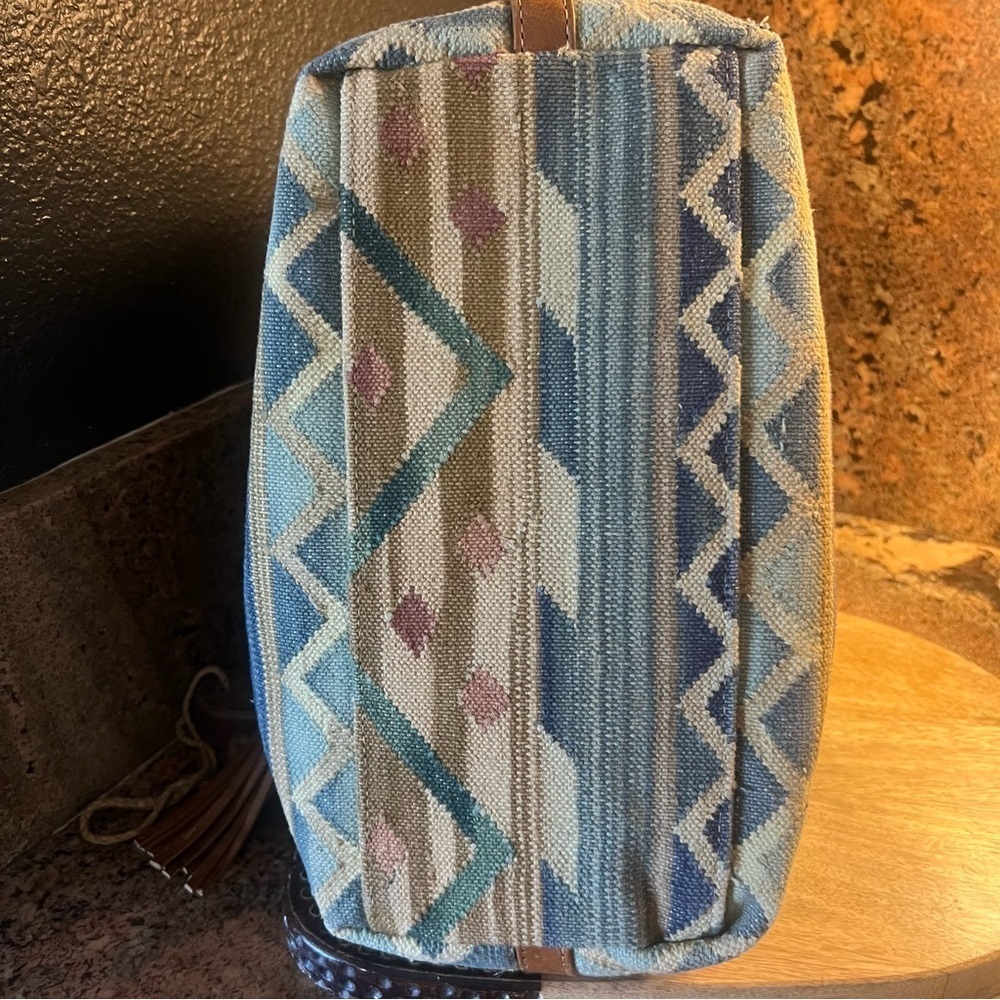 Kilim Woven Wool Carpet Bag Leather Accents India Boho Western Southwestern - Picture 4 of 6